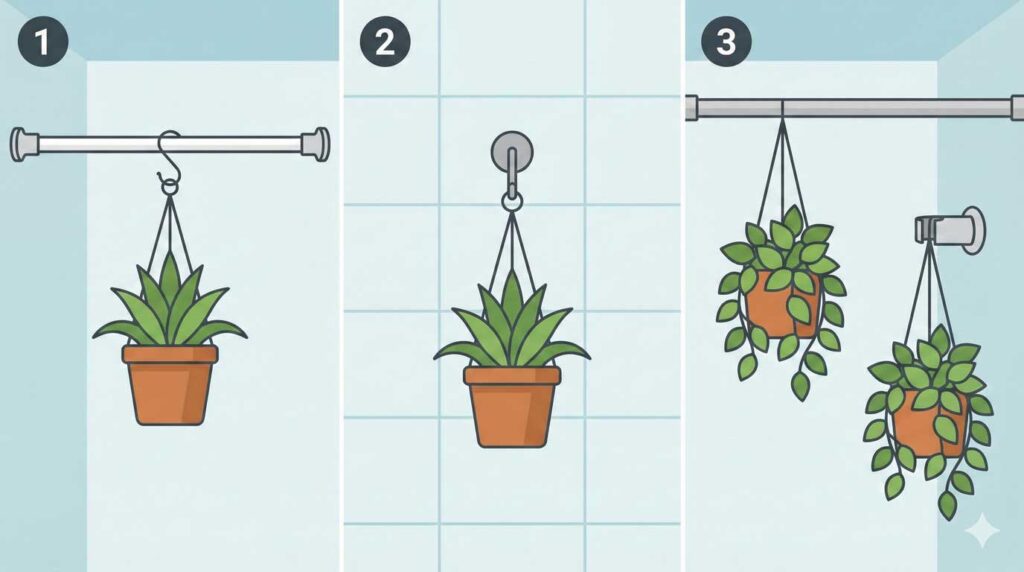 浴室で観葉植物を吊るす3つの方法(突っ張り棒・マグネット・設備流用)のイメージ