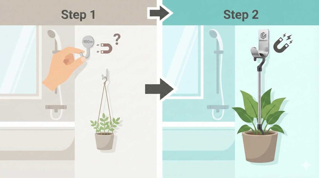 浴室で観葉植物を吊るすアイテム選び(100均→専用品)のロードマップイメージ