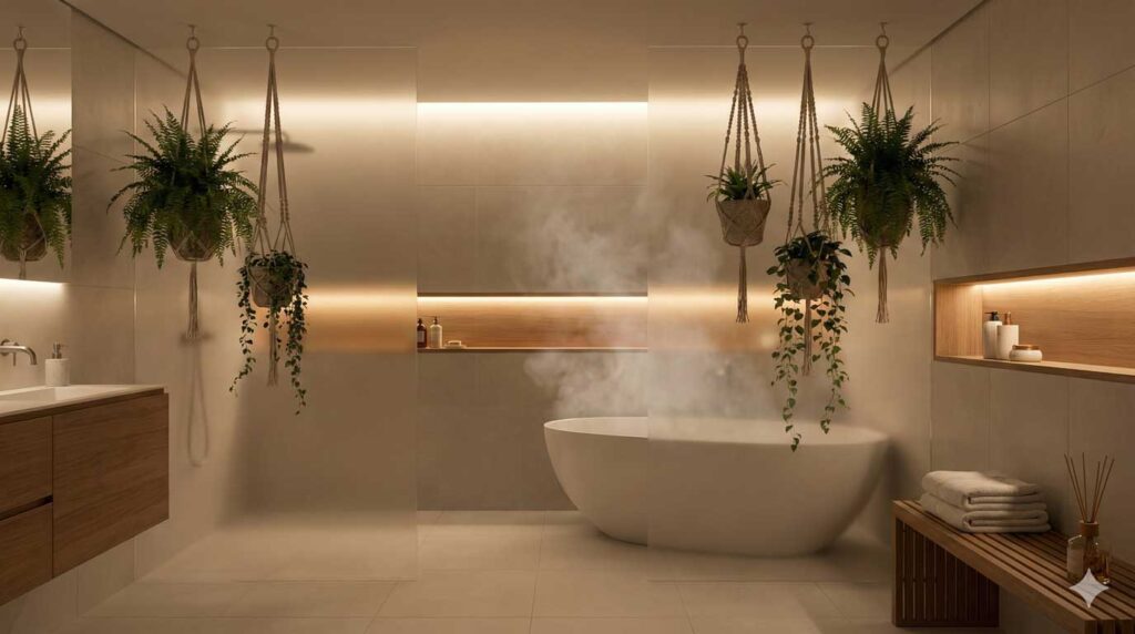 浴室の観葉植物を吊るして掃除が楽になった状態のイメージ