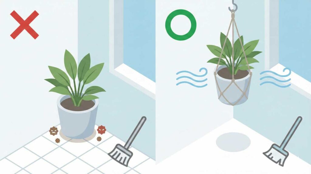 浴室の観葉植物は床置きより吊るす方が掃除がラクになるイメージ