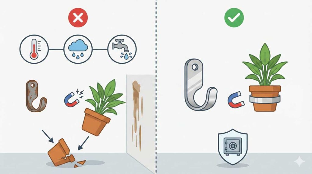 浴室で100均アイテムを使うときの錆びと落下リスクを管理するイメージ