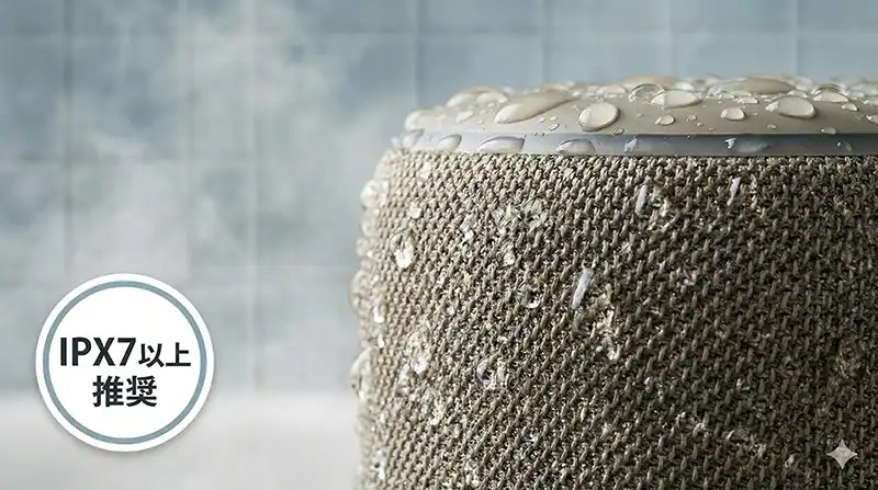 IPX7以上の安心感：水滴と防水バッジのクローズアップ