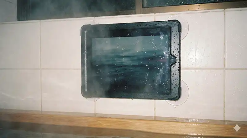 お風呂が映画館：壁に固定されたタブレット防水ケース