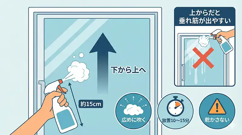 ガラス面は下→上スプレー：垂れ筋を防ぐ当て方図解