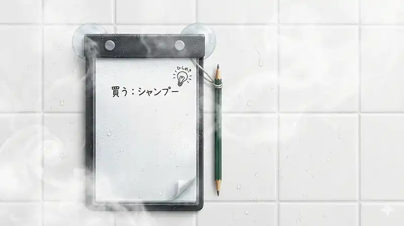 シャワー思考を捕獲：浴室壁の防水メモ帳と鉛筆