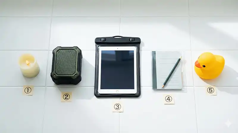 候補5選の集合写真：浴室タイルの上に並ぶ変なグッズ