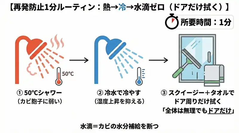 再発防止1分ルーティン：熱→冷→水滴ゼロ（ドアだけ拭く）