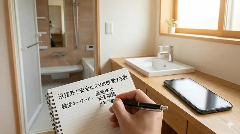 検索ワードをメモする：浴室外で安全にスマホ検索する図