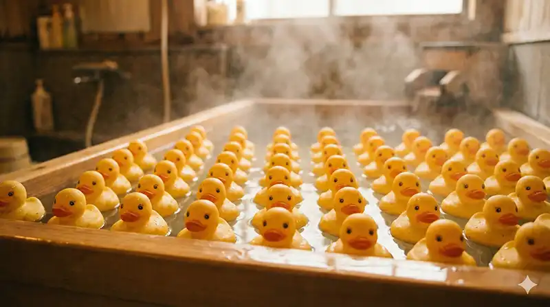 童心に帰る最強メソッド：アヒル隊長が整列する湯船