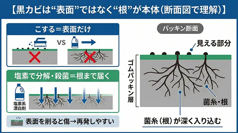 黒カビは“表面”ではなく“根”が本体（断面図で理解）