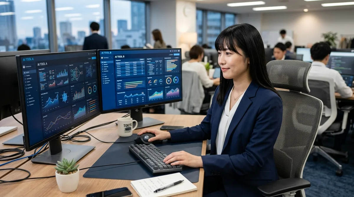 デュアルモニターで両方のAIを同時に操作するオフィス女性