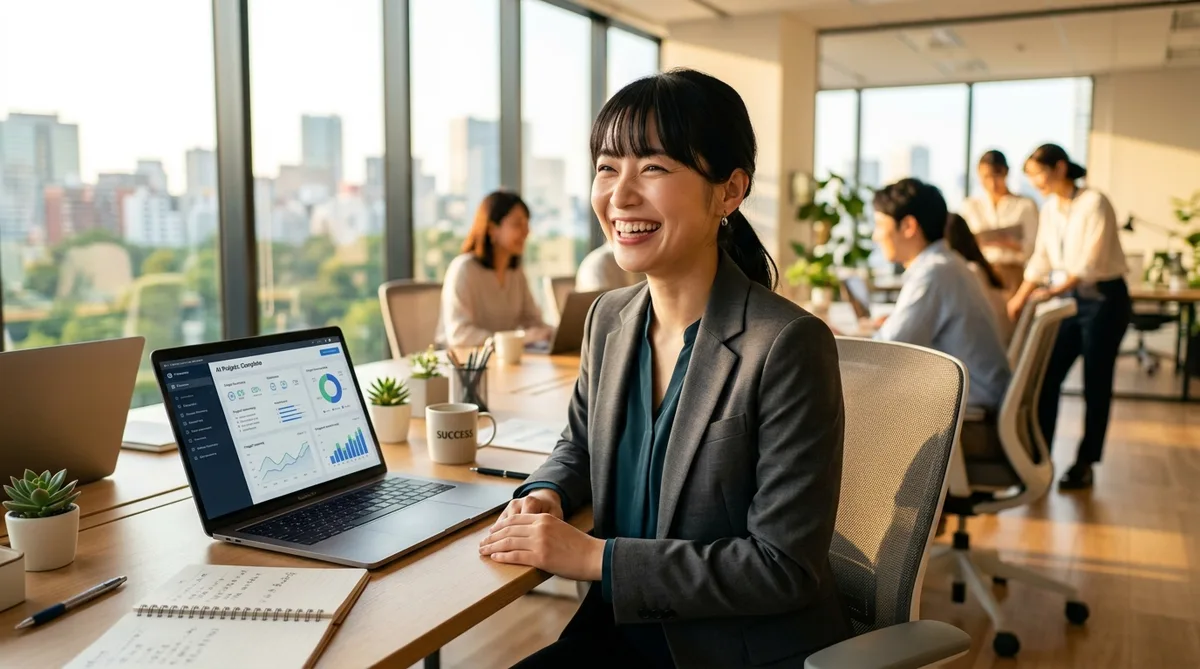 AIの使い分けに成功し笑顔で充実した表現の女性