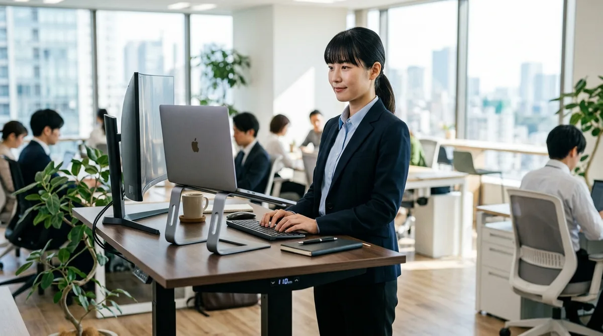 昇降デスクで姿勢よく立ち作業をする女性