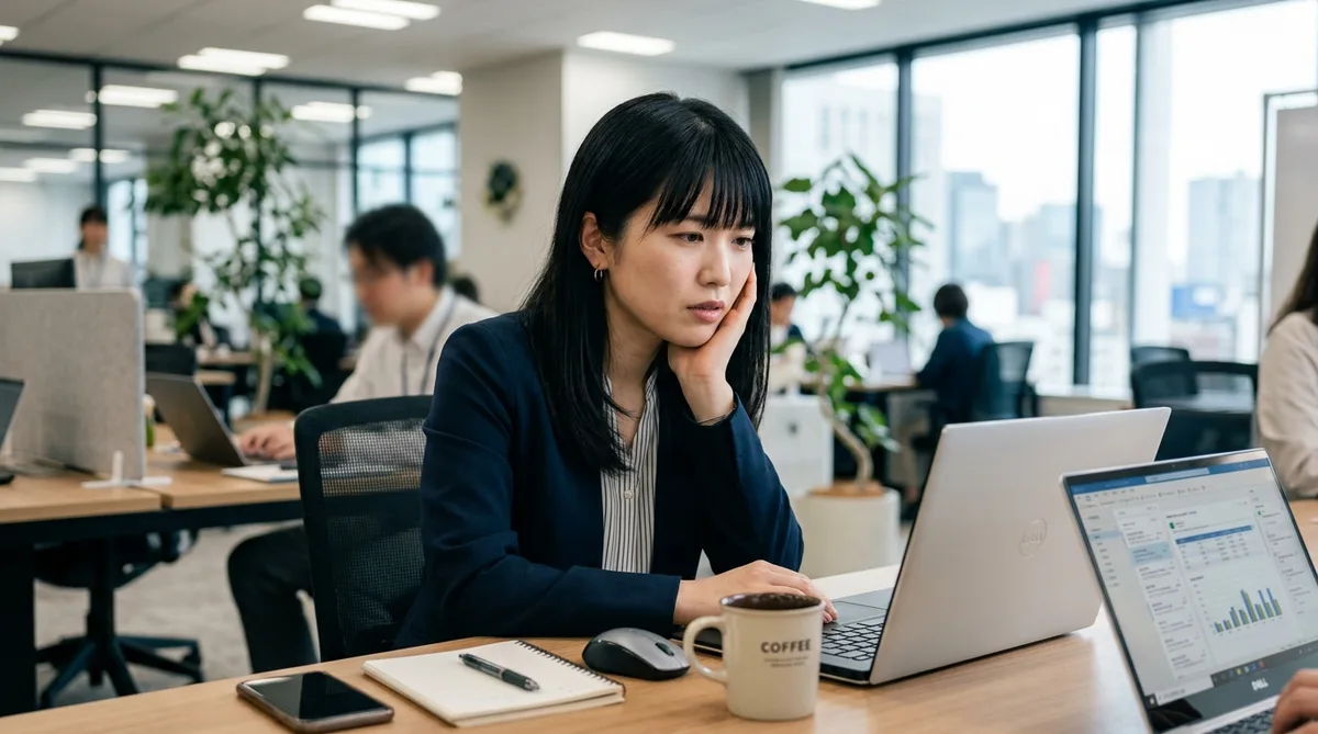 VLOOKUPのエラーに悩むオフィスの女性