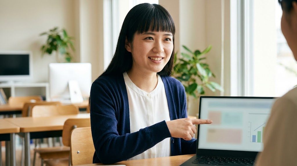 パソコンの画面を指さして原因を説明する女性