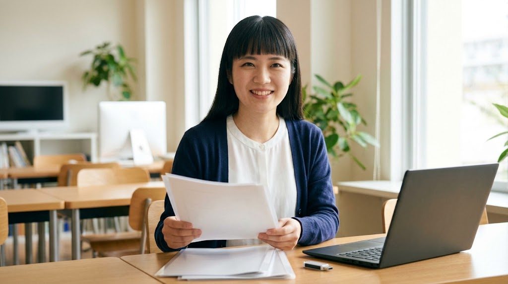 書類を手に安心した表情でほほえむ女性