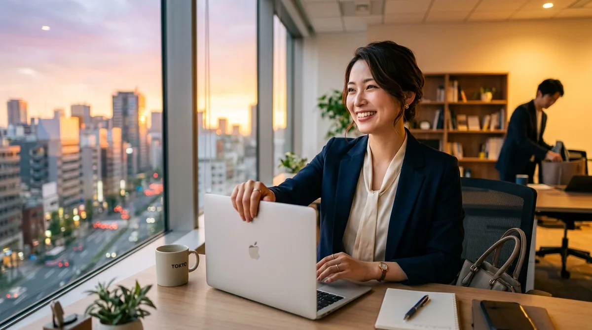 定時退勤して充実した笑顔を見せるオフィス女性