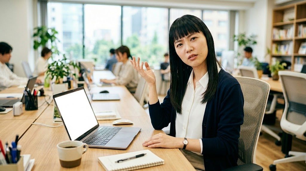 プルダウンが出てこず困った表情でパソコンを見る女性