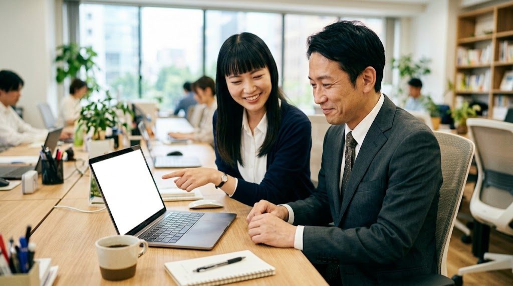 データの入力規則の場所を40代男性社員に教える女性講師