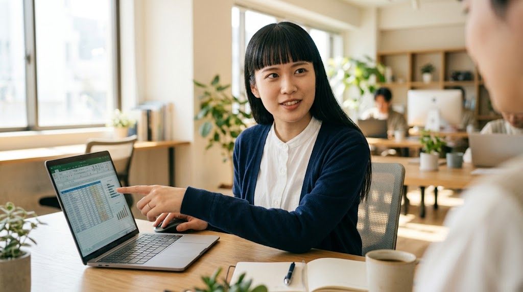 ノートパソコンの画面を指差しながらExcelの操作手順を落ち着いて説明する女性
