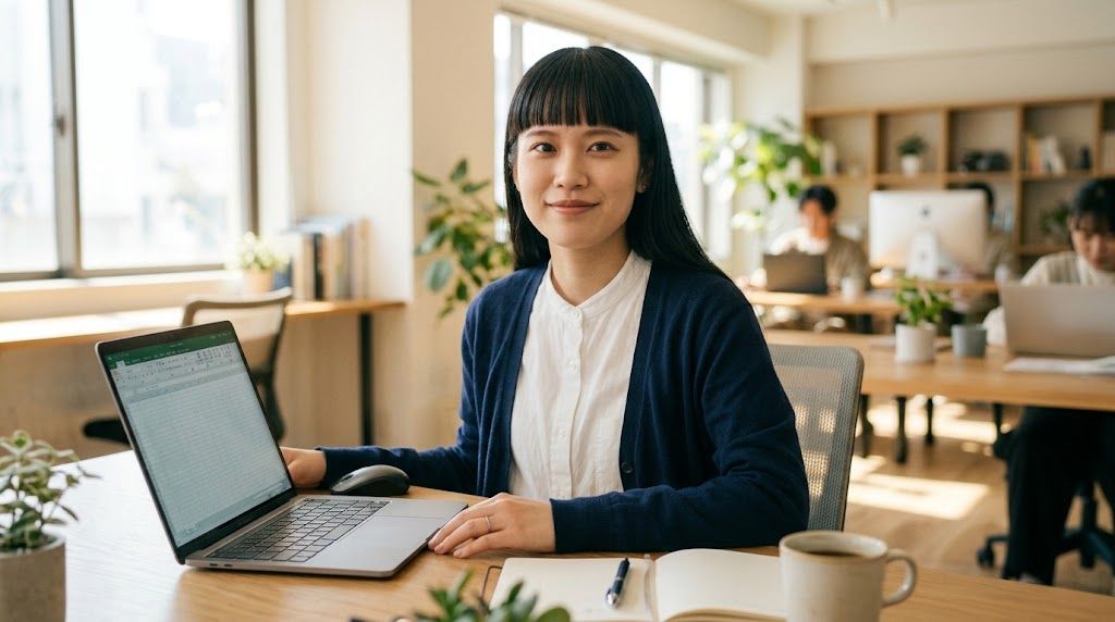 Excelのトラブルが解決してほっとした表情でノートパソコンの前に座る女性