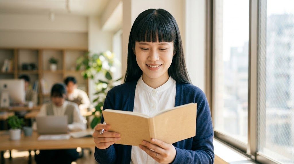 窓際でノートを見ながら手順を確認する女性。エクセルが開かないときの切り分けをイメージ