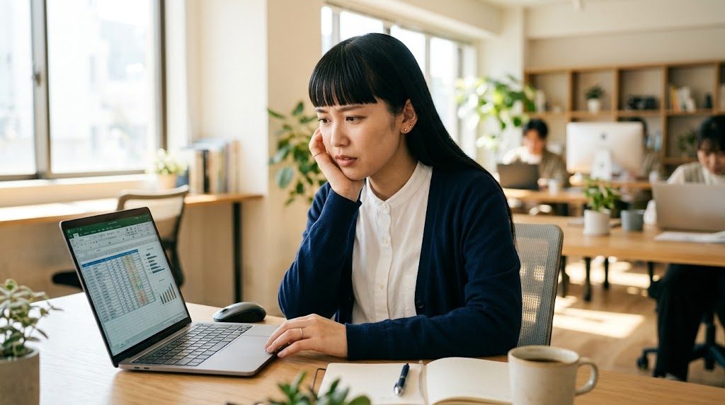 ノートパソコンの画面を見ながら困った表情でExcelのトラブルに向き合う女性