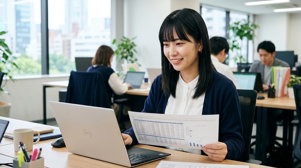 印刷された表とPC画面を見比べて罫線の設定を確認するExcel講師