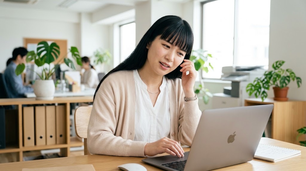 VBAの実行時エラー9が出て困った表情でノートPCを見るExcel講師