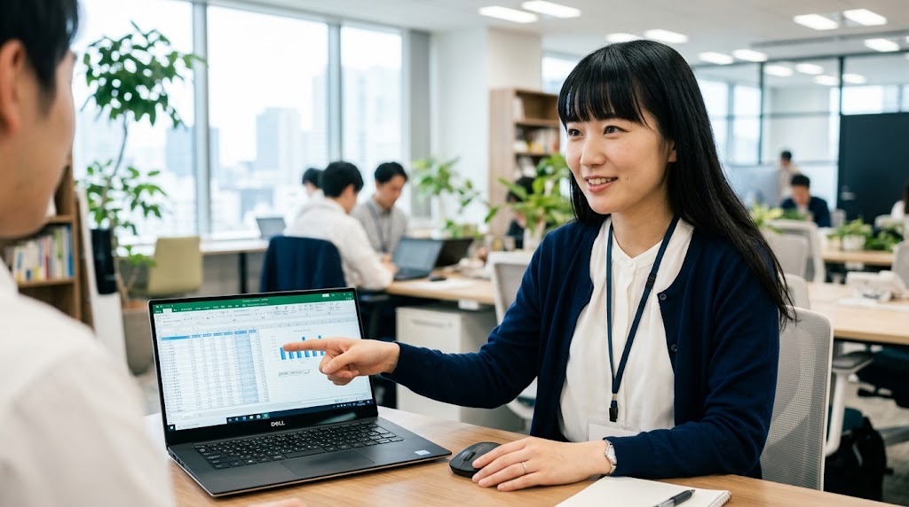 保存できないエクセルの画面を前に落ち着いて説明するExcel講師