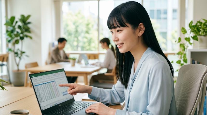 ノートパソコンのExcel画面を指さして数値の直し方を説明するExcel先生