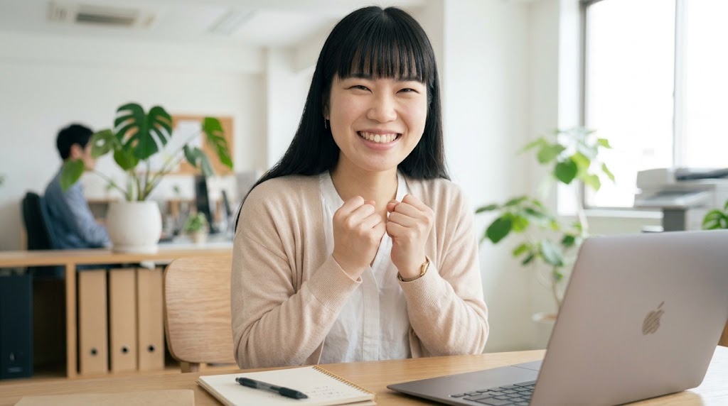 エラーが解決して笑顔でガッツポーズをするExcel講師