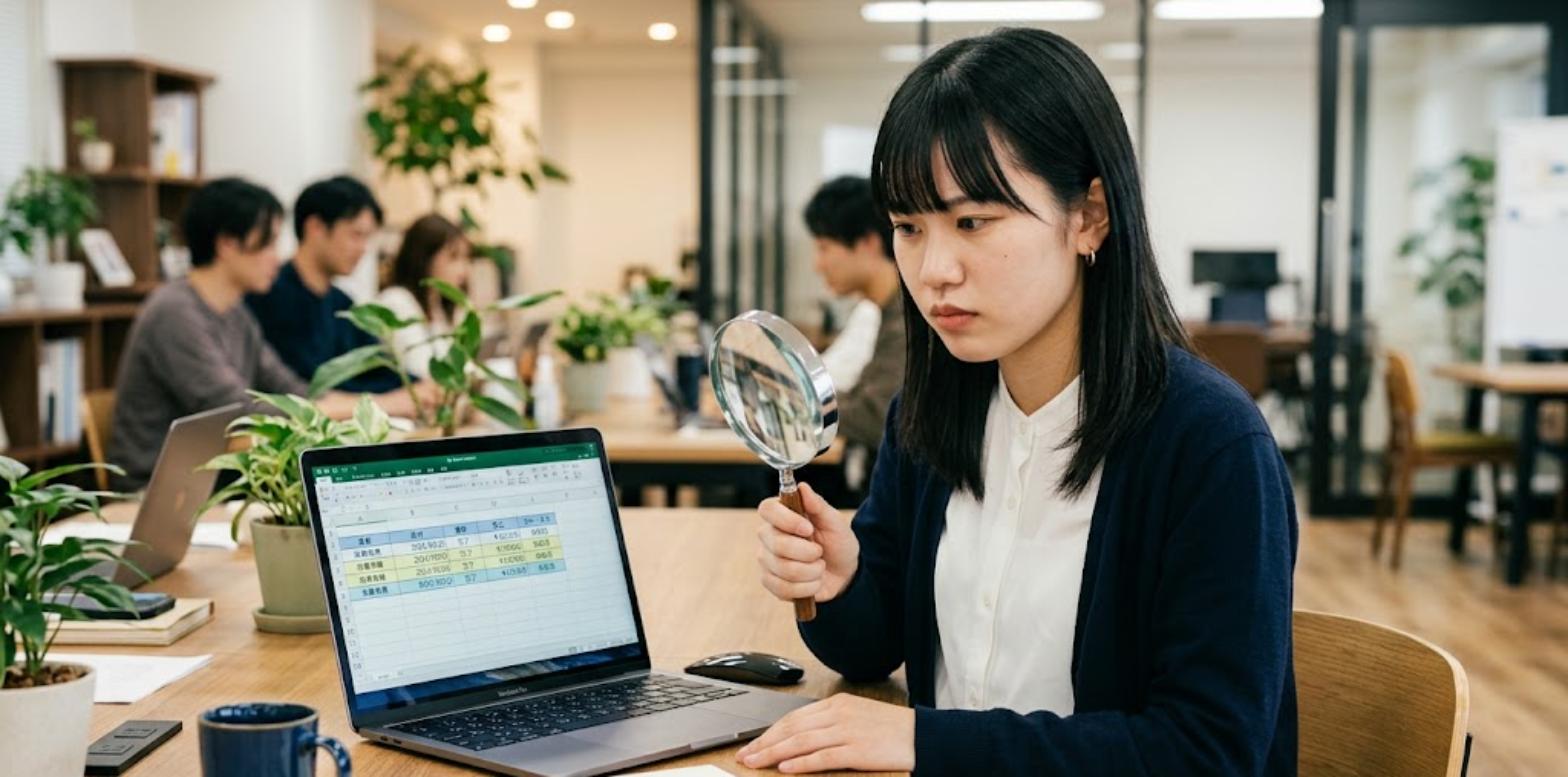 拡大鏡でエクセルの重複データを確認するIT講師
