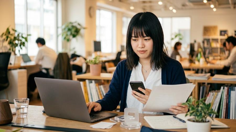 スマートフォンとノートパソコンでファイルを整理するIT講師