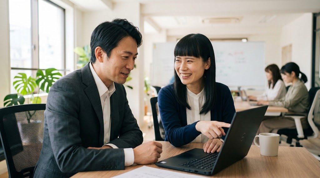 結合セルを解除して表が正しく並べ替えできるようになり喜ぶ二人