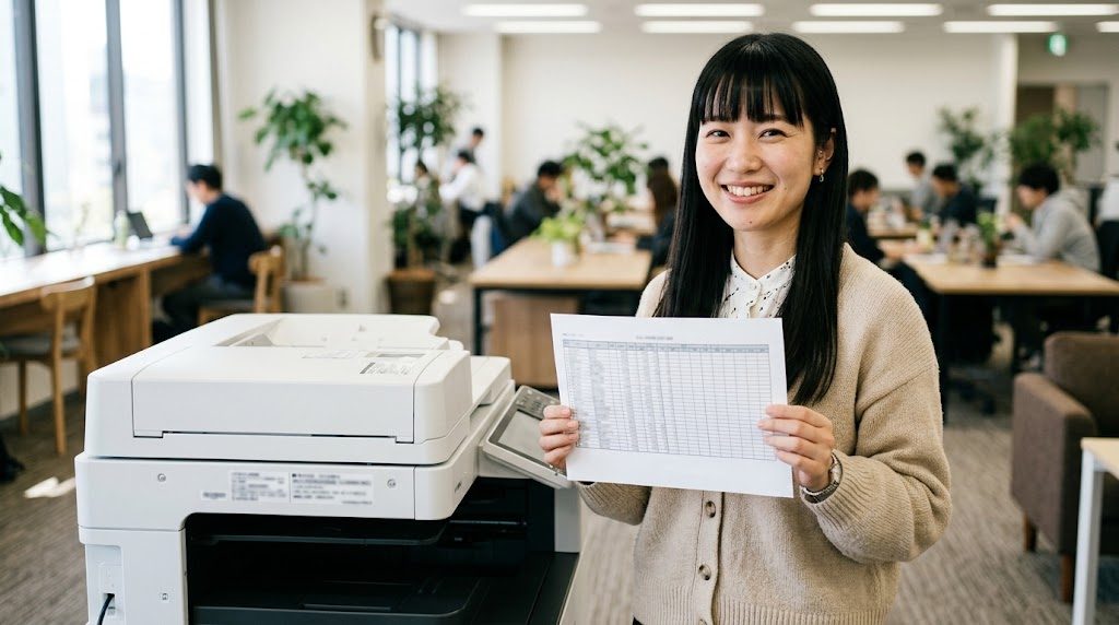 プリンターの横で印刷したエクセルの表を手に持ち笑顔で立つ女性講師