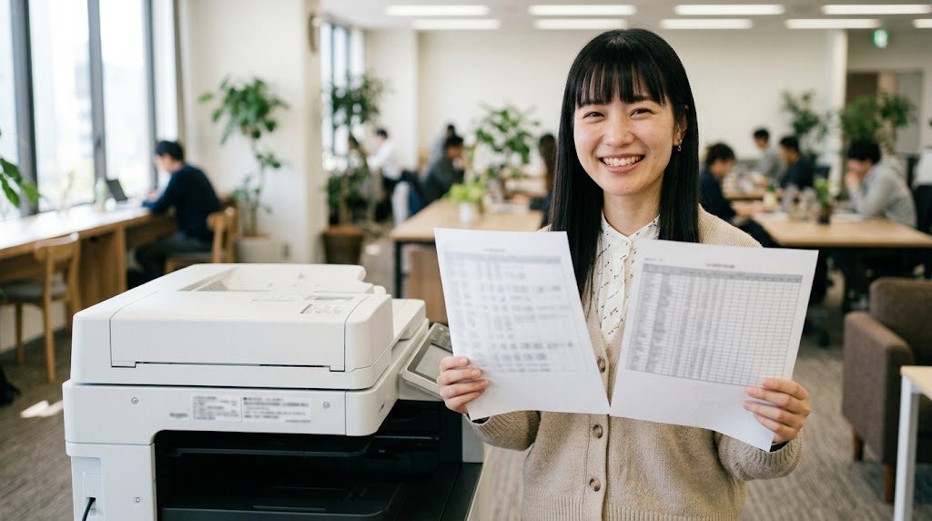 印刷し直した2枚のA4用紙を見比べて安心した表情の女性講師