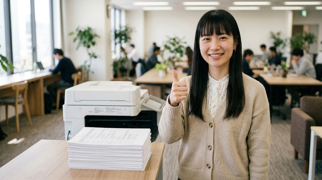 印刷がきれいに1枚に収まり親指を立てて笑顔の女性講師