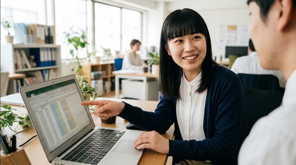表示形式を指さして安心した笑顔で説明する先生