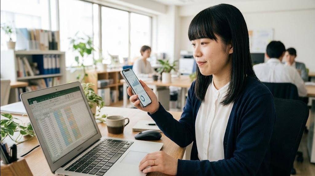 スマートフォンとノートパソコンでデータを確認し納得する先生