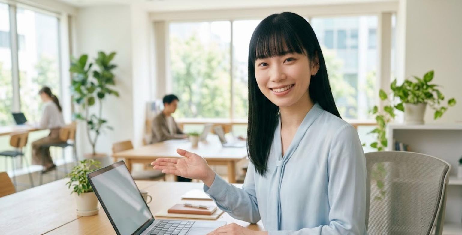 ノートパソコンのExcel画面を手のひらで指し示して案内する20代のExcel先生