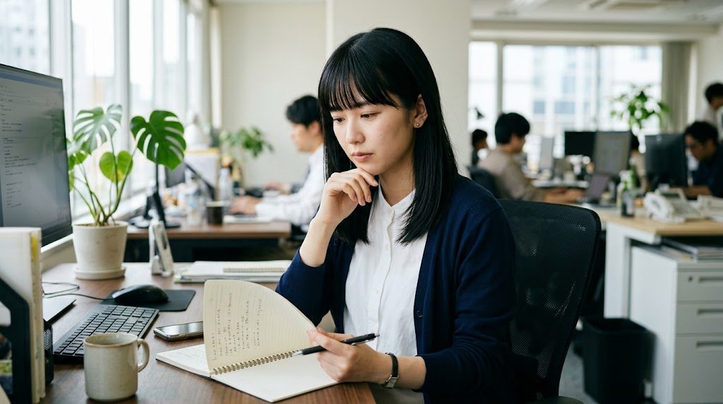 損失回避性とは何かを考えながらノートを見つめる20代女性のイメージ