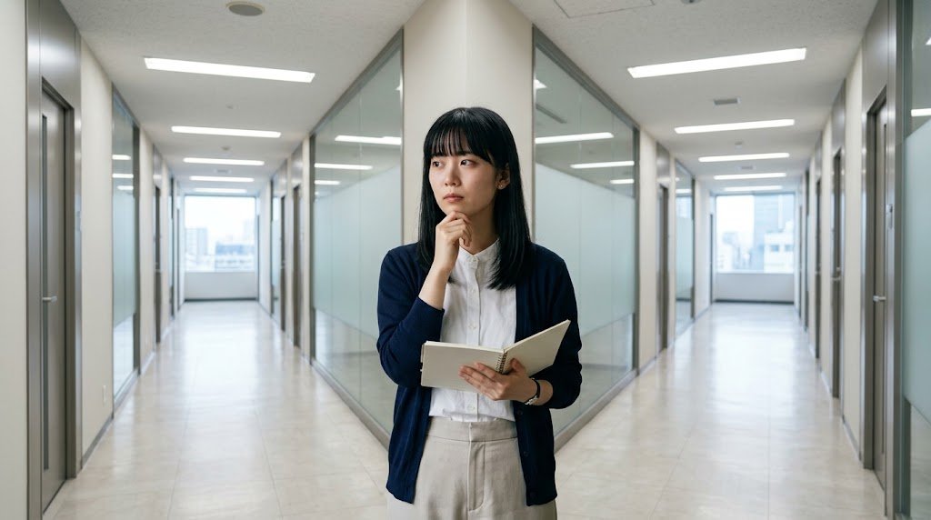 職場の廊下で二つの通路を前にどちらに進むか考える20代女性、損失回避性のイメージ