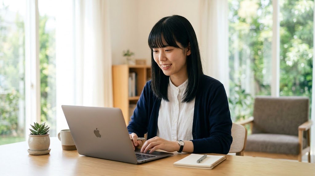 自宅のデスクでノートパソコンを使い小さな一歩を踏み出して安心した表情の20代女性