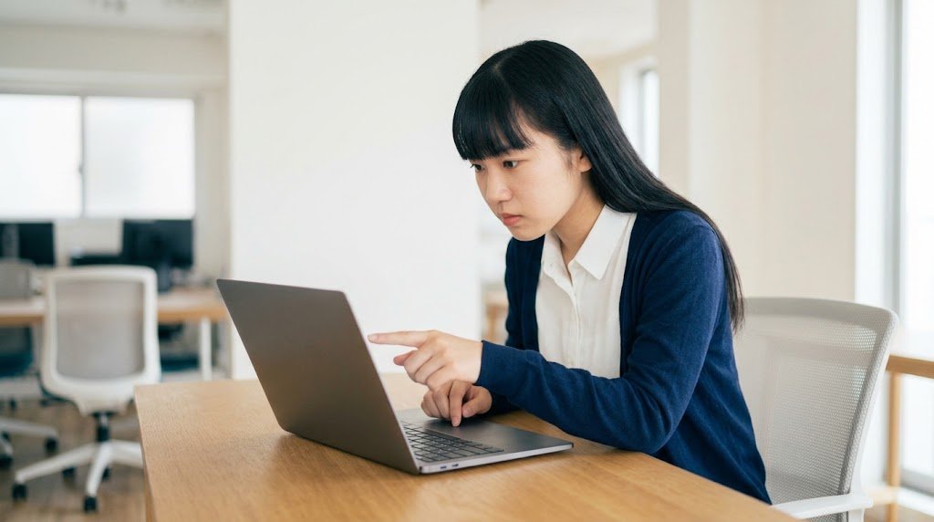 パソコンの画面をのぞき込み、原因の一点を指差している女性