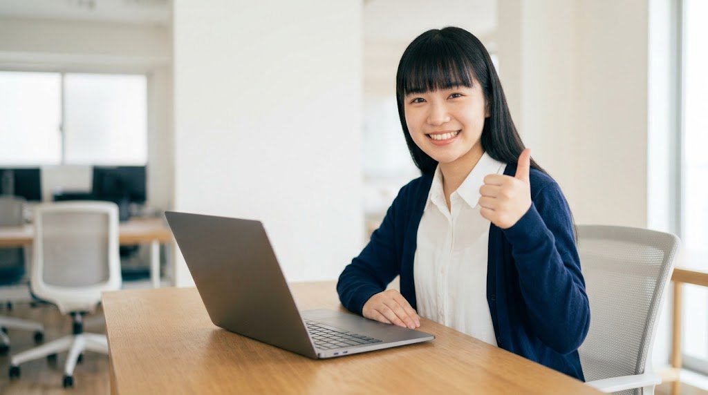 作業を終えて親指を立て、笑顔でうなずいている女性