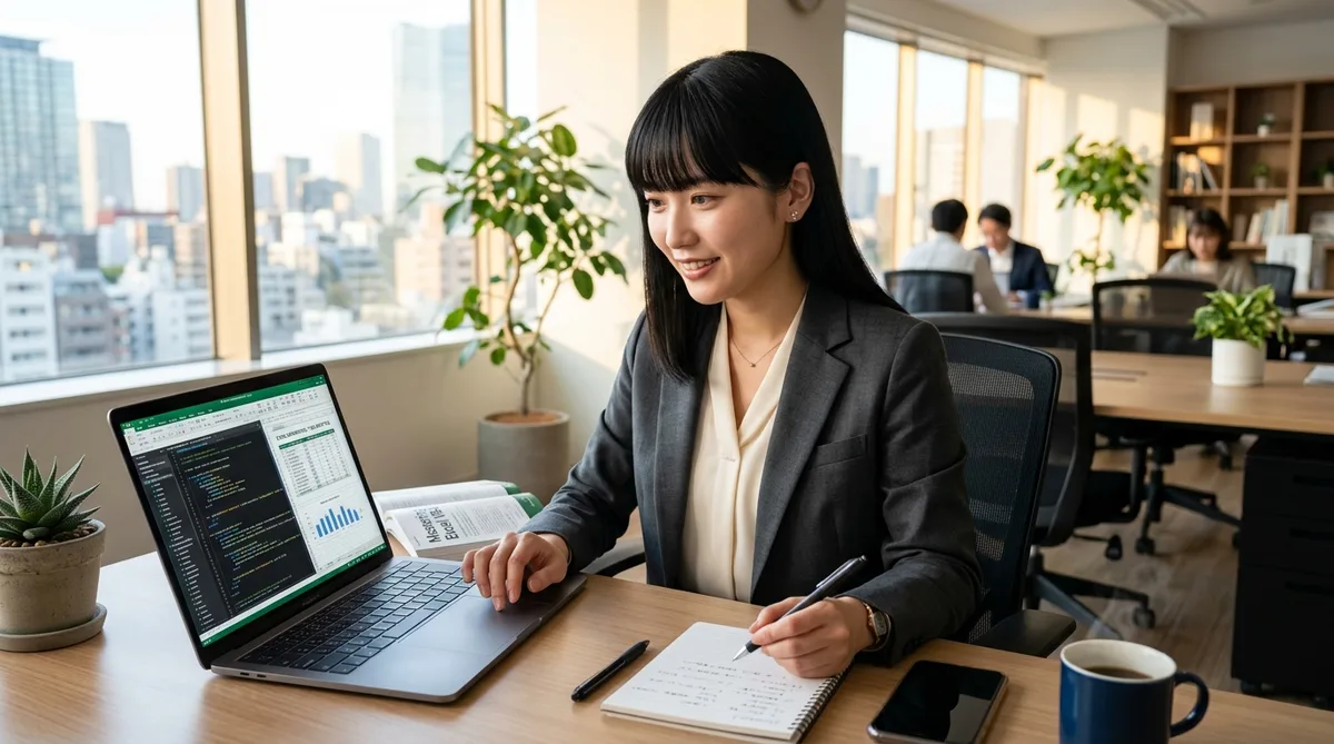 Excel作業の自動化についてPC画面で学習する女性