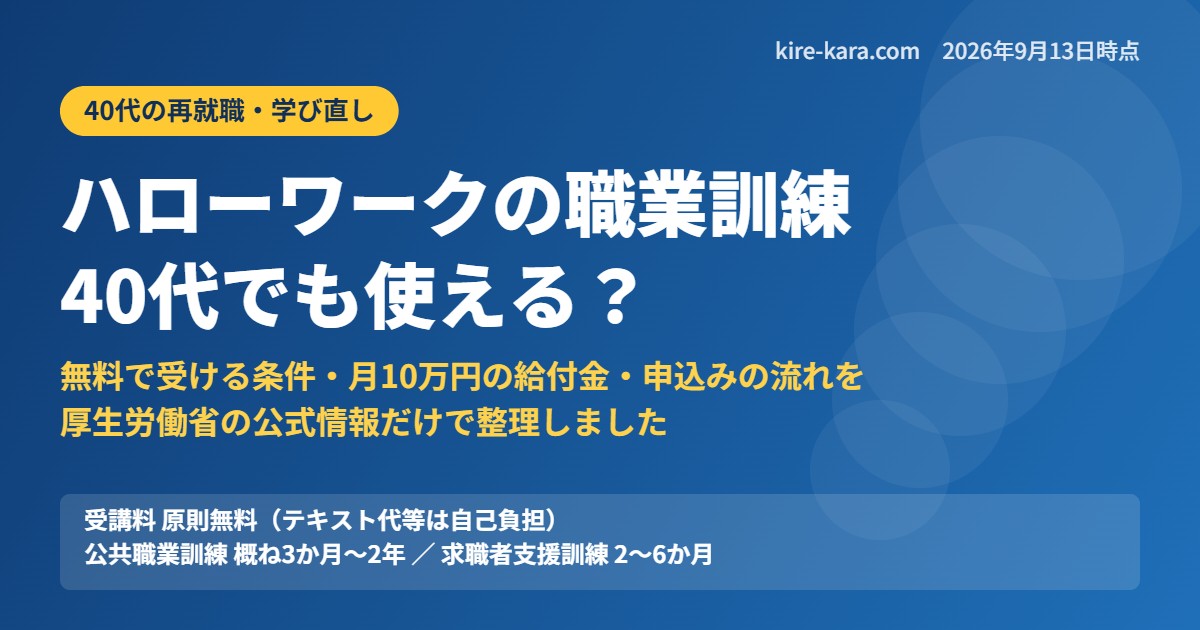 ハローワークの職業訓練は40代でも使えるのかを、無料で受ける条件・月10万円の給付金・申込みの流れとあわせて厚生労働省の公式情報で整理したアイキャッチ画像
