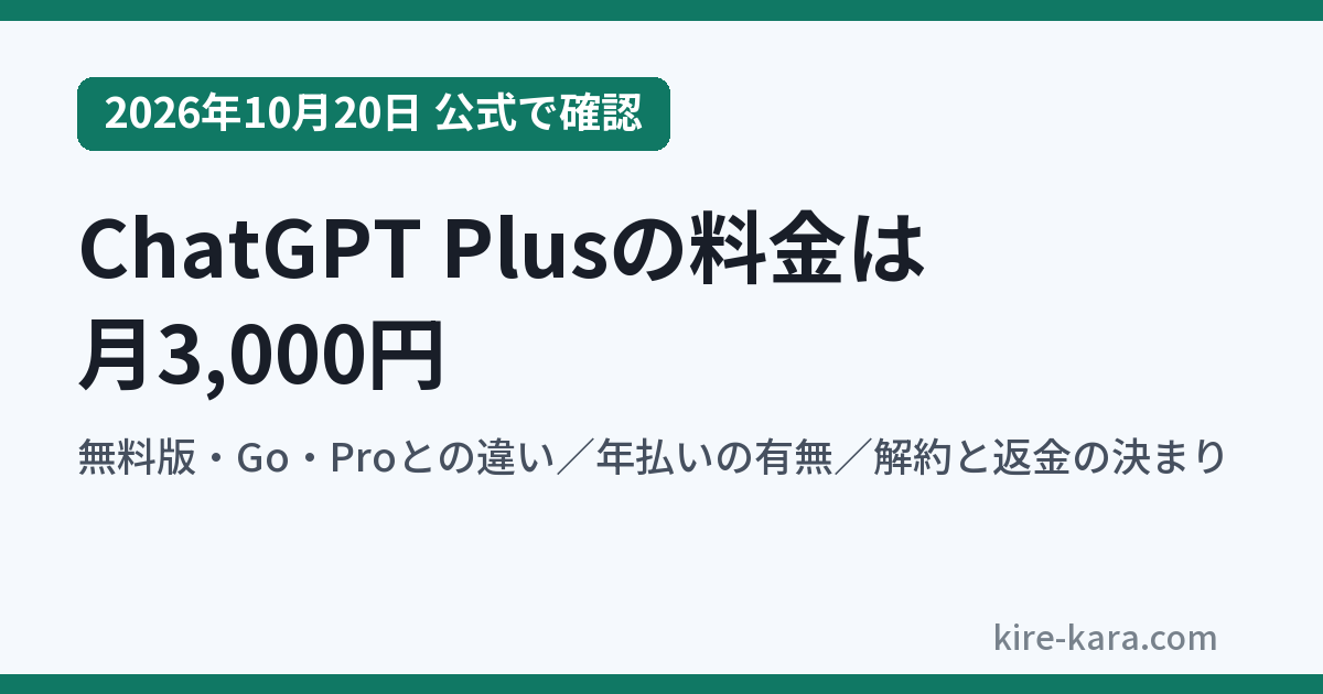 ChatGPT Plusの料金は月3,000円（2026年10月20日に公式ページで確認）